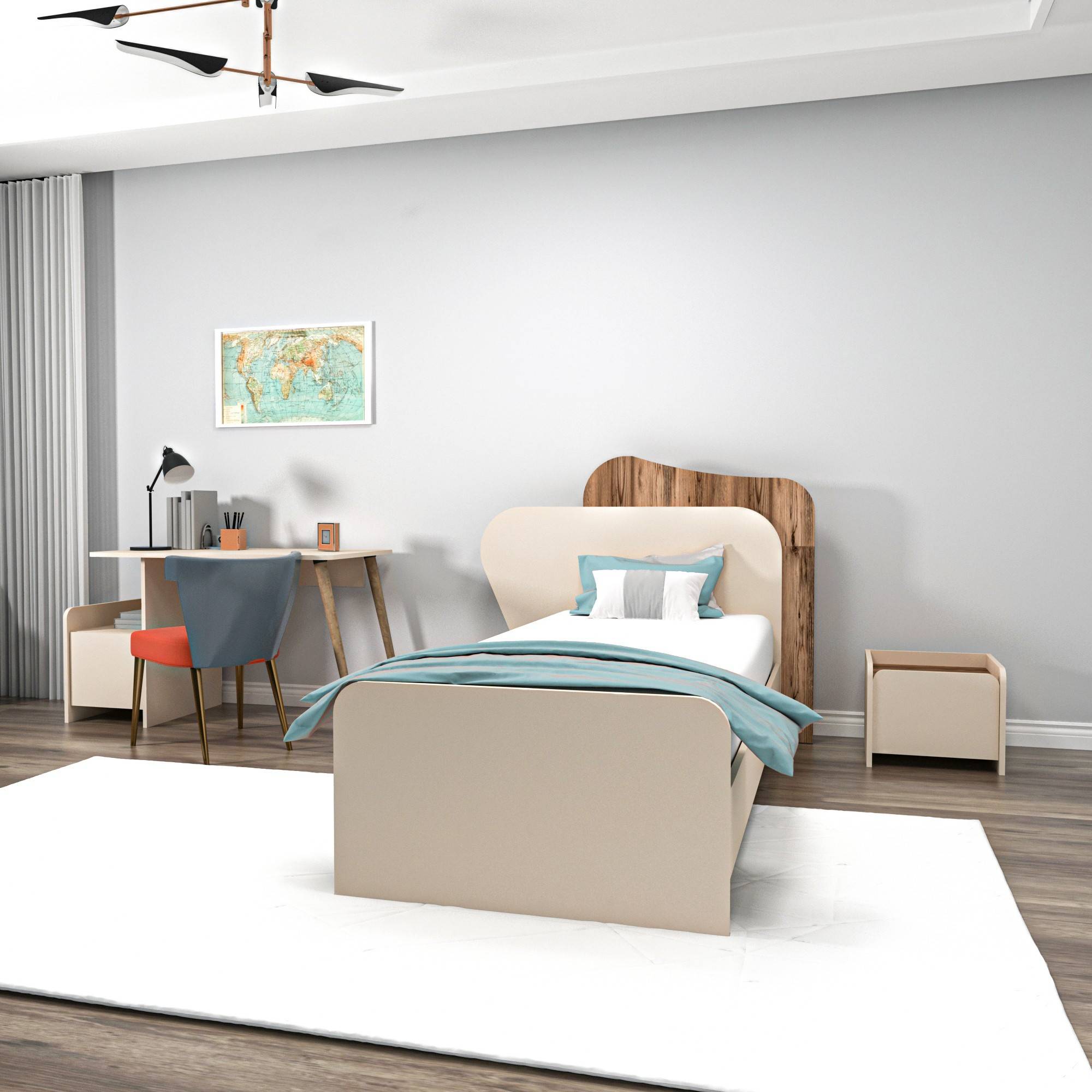 Slaapkamer voor Maritta met bed 90x190cm, nachtkastje en bureau Licht hout en Beige