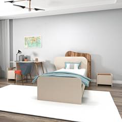 Chambre à coucher pour Maritta avec lit 90x190cm, table de chevet et bureau Bois clair et Beige