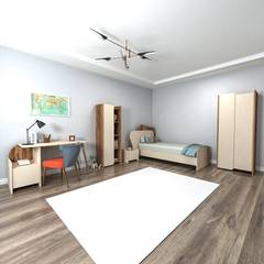 Schlafzimmer für Maritta mit Bett 120x190cm, Nachttisch, Kleiderschrank, Schreibtisch und Bücherregal Helles Holz und Beige
