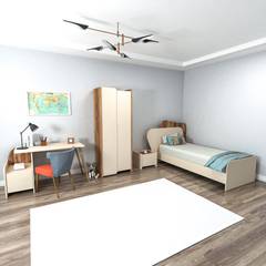 Kinderschlafzimmer Maritta mit Bett 90x190cm, Nachttisch, Schrank und Schreibtisch Helles Holz und Beige