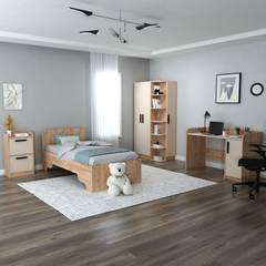 Dormitorio infantil Dany con cama 90x190cm y 3 muebles Madera clara y Beige