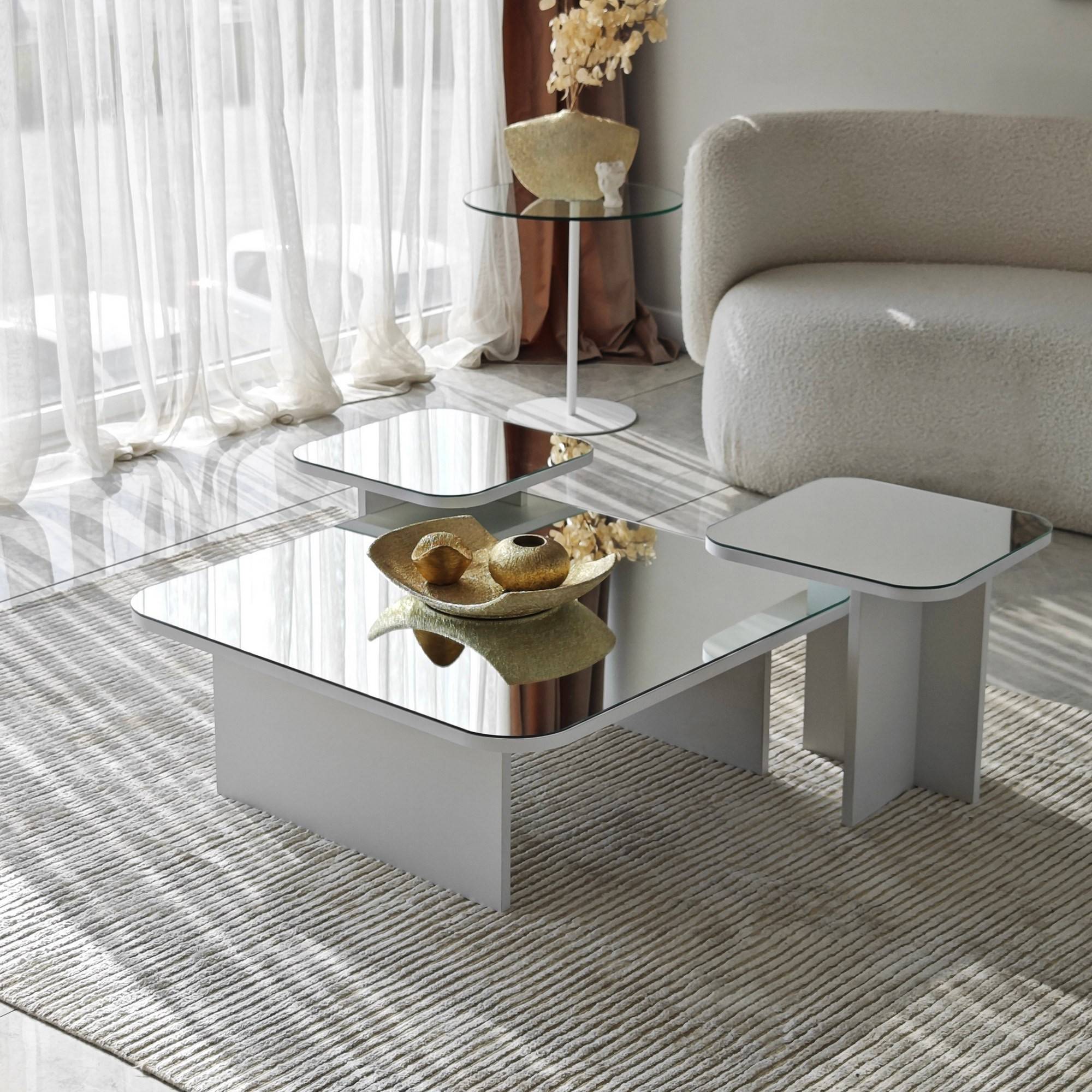Ensemble de 3 tables basses gigogne design avec plateau Miroir Niras Blanc