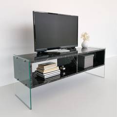 Doris TV-meubel met 2 schappen L120xH45cm Zwart marmer-effect hout en transparant geblokt glas