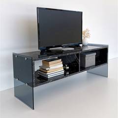 Doris TV-meubel met 2 schappen L120xH45cm Zwart marmer-effect hout en gerookt zwart geblokt glas