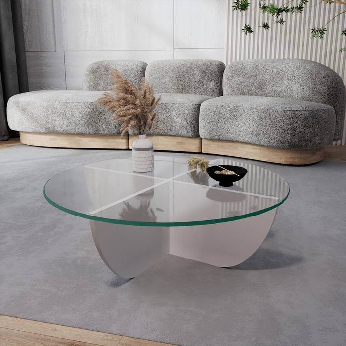 Tavolino di design Sunac D90cm Vetro trasparente e legno bianco