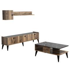 Ensemble meuble TV, étagère murale et table basse Blazo Bois foncé et Effet marbre Noir