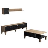 Ensemble meuble Tv, étagère murale et table basse Blaz Chêne clair et Effet marbre Noir