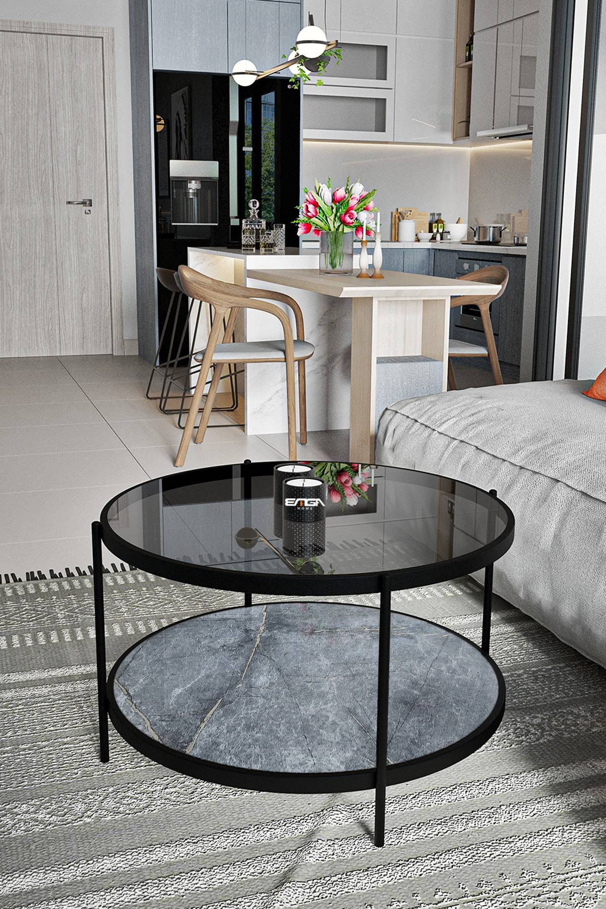 tavolino rotondo kadira D73cm Legno effetto marmo grigio, metallo nero e vetro  temperato nero