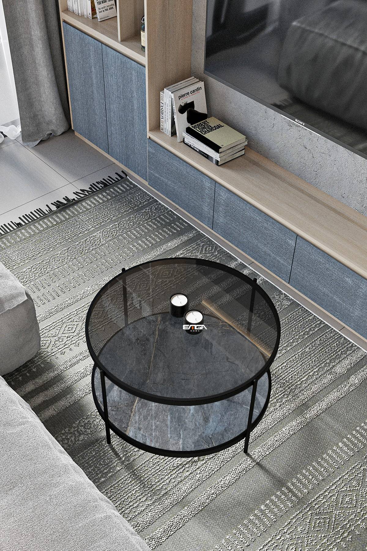 tavolino rotondo kadira D73cm Legno effetto marmo grigio, metallo nero e vetro  temperato nero