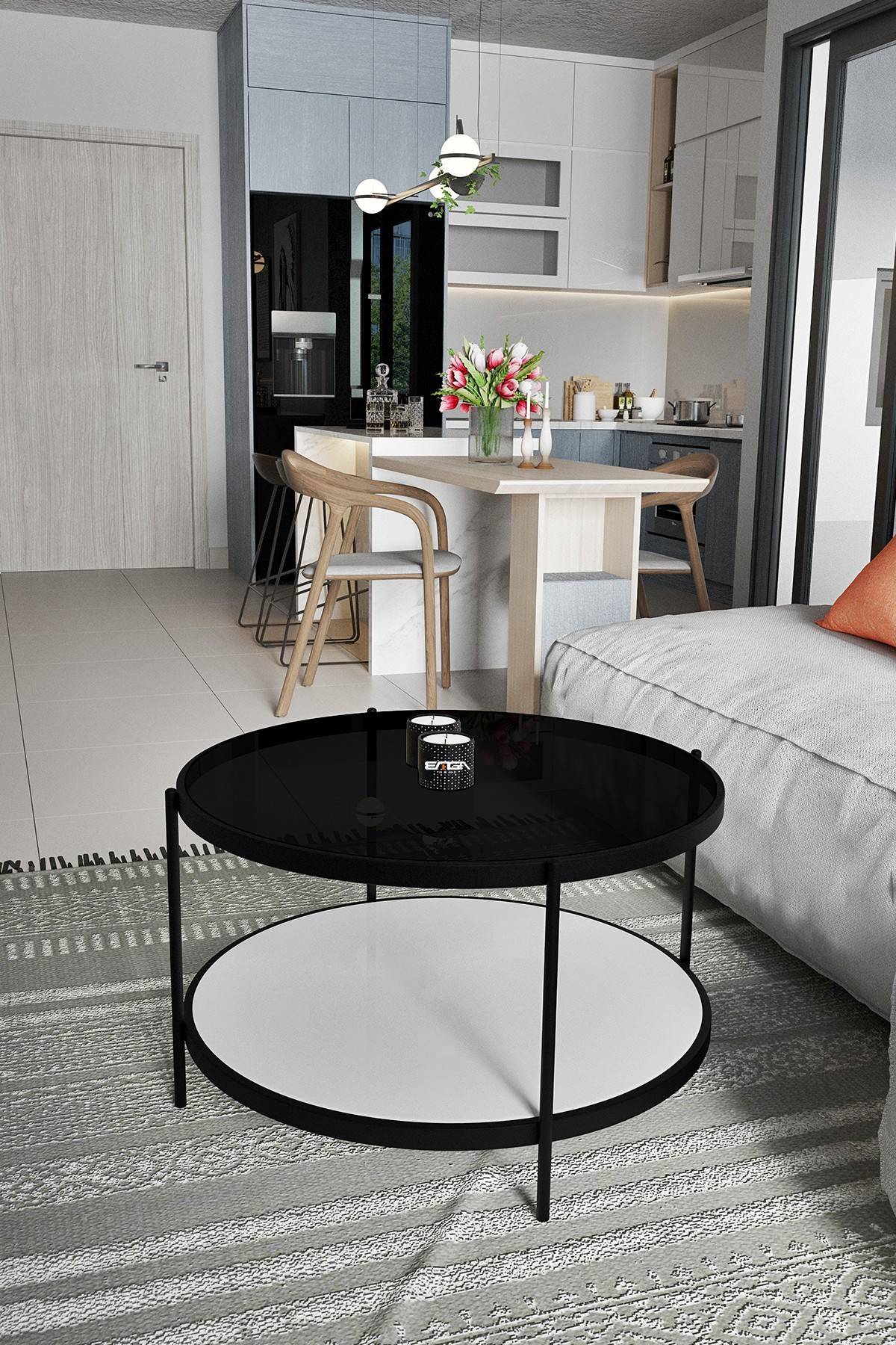 tavolino rotondo kadira D73cm Legno bianco, metallo nero e vetro temperato nero