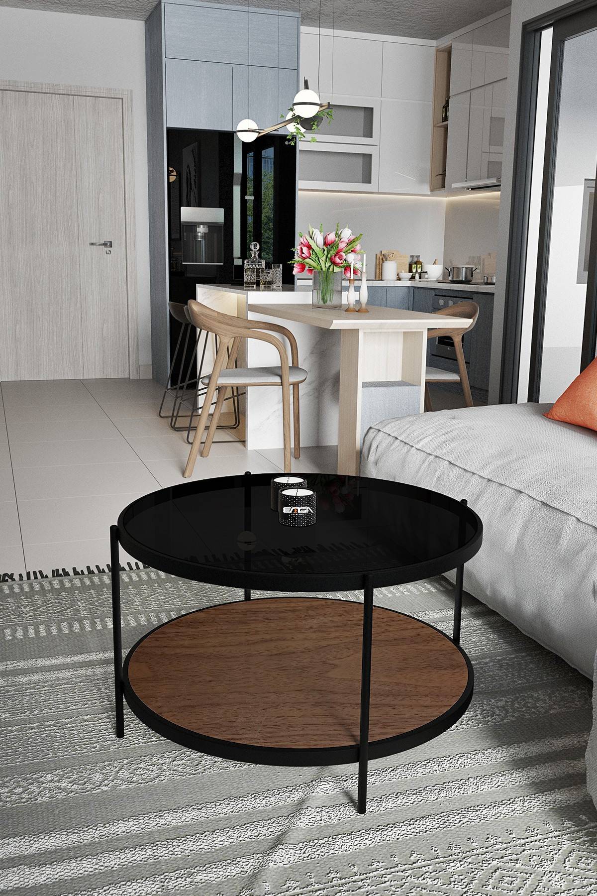 tavolino rotondo kadira D73cm Legno scuro, metallo nero e vetro temperato nero