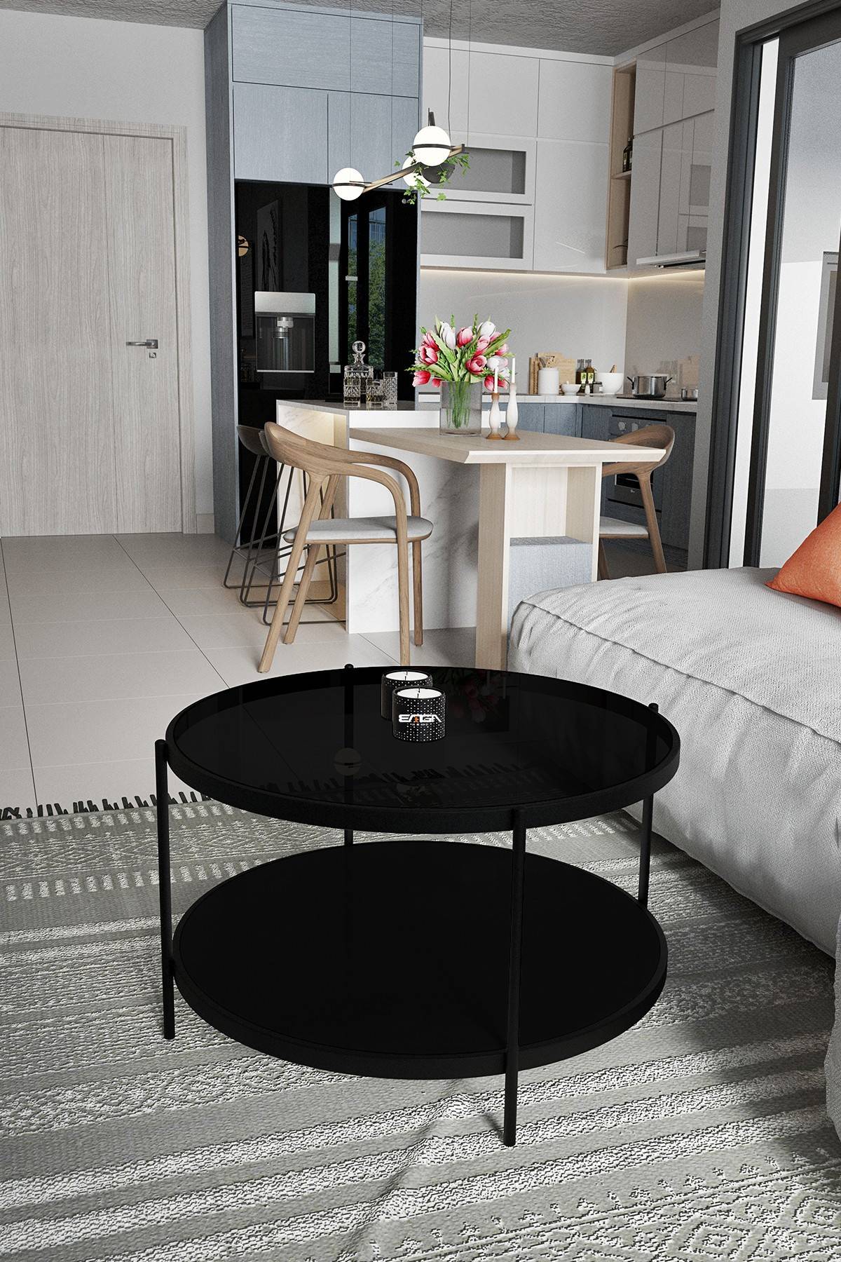 Tavolino rotondo kadira D73cm Legno e metallo nero, vetro temperato nero