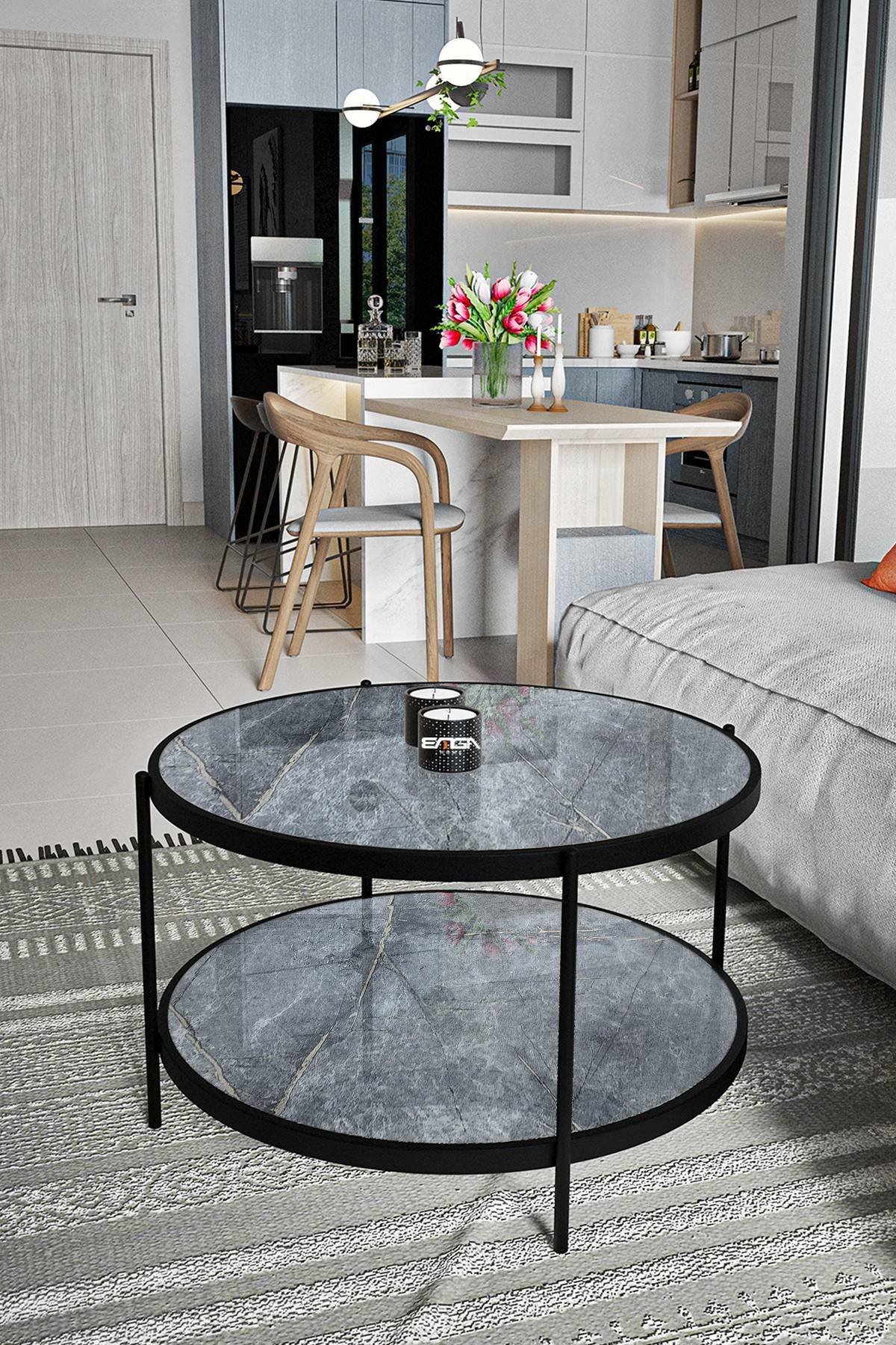 tavolino rotondo kadira D73cm Legno effetto marmo grigio, metallo nero e vetro temperato nero