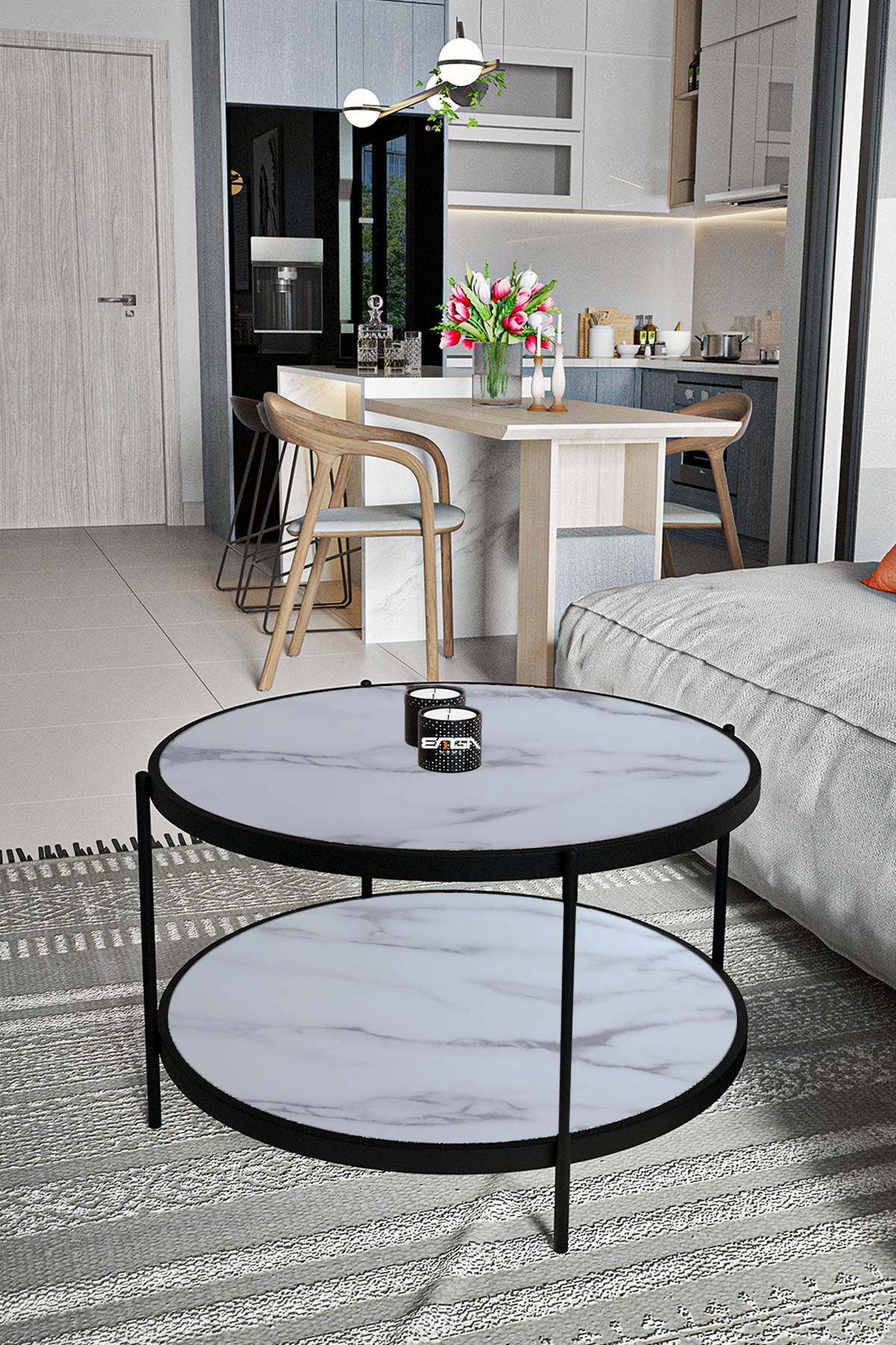 tavolino rotondo kadira D73cm Legno effetto marmo bianco, metallo nero e vetro temperato nero