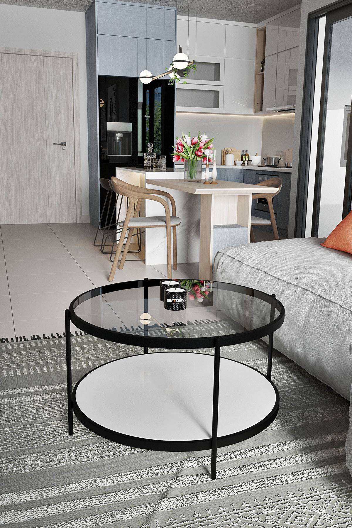 Tavolino rotondo kadira D73cm Legno bianco, metallo nero e vetro trasparente