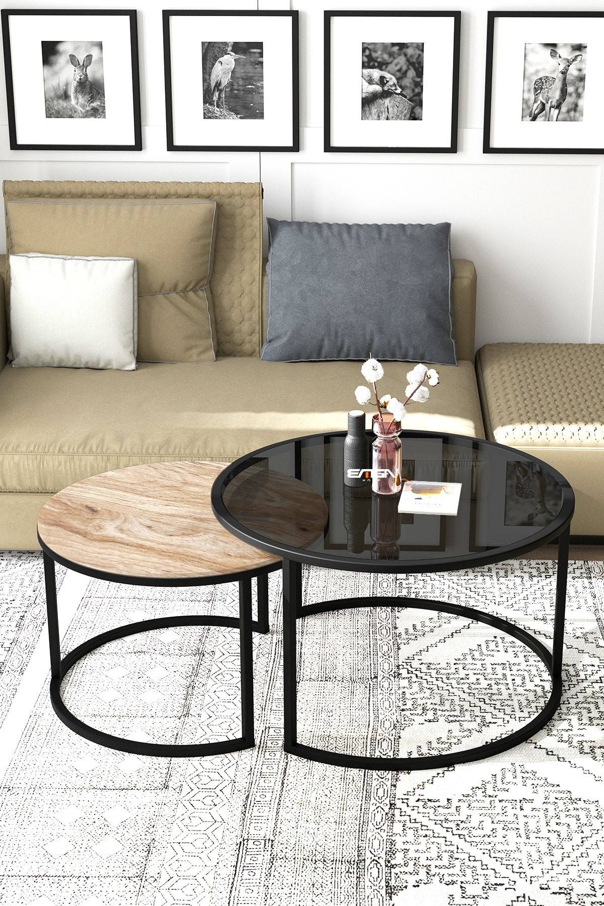 Set van 2 Borrina nesttafels van licht hout, gehard glas en zwart metaal
