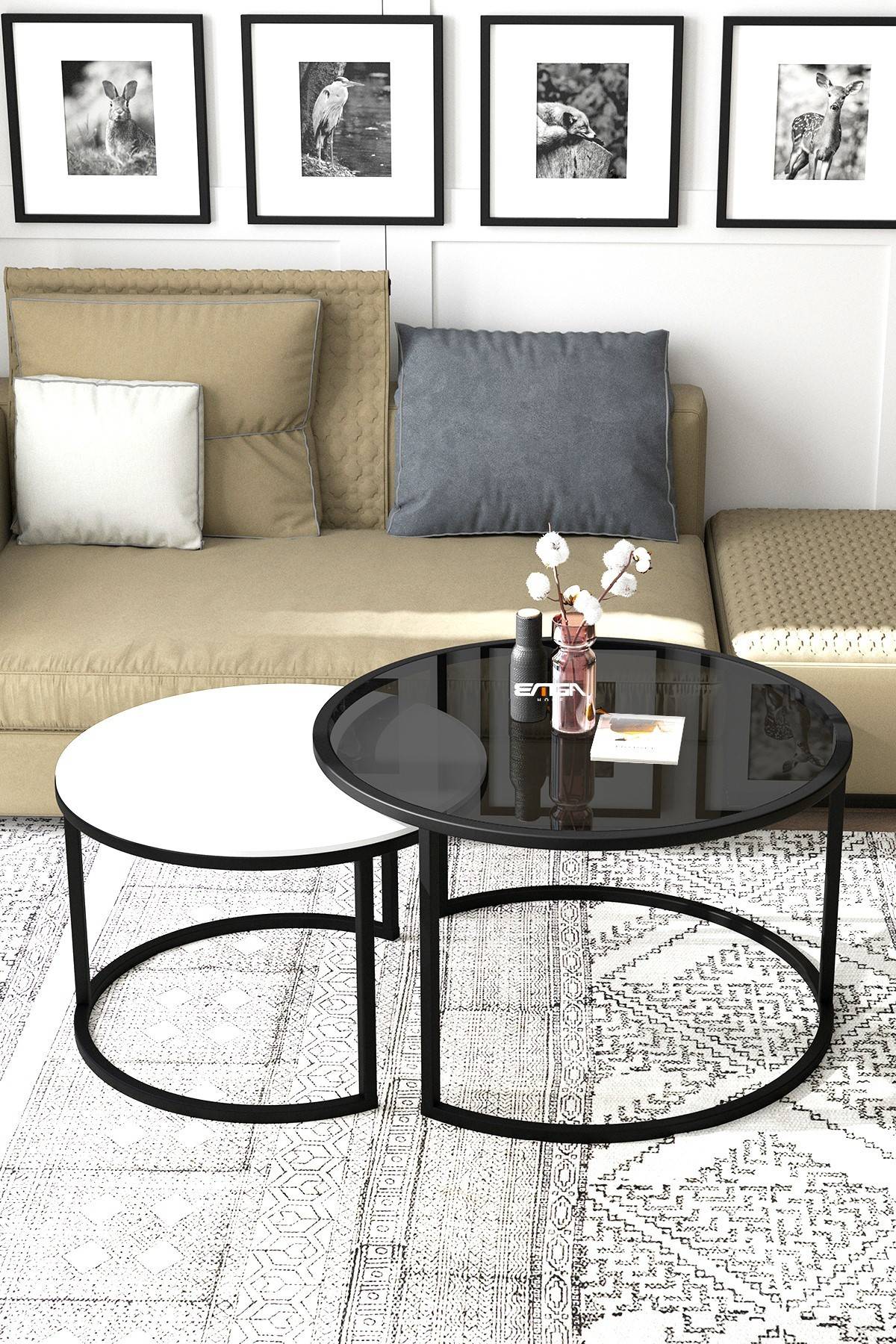 Set van 2 Borrina nesttafels in wit hout, gehard glas en zwart metaal