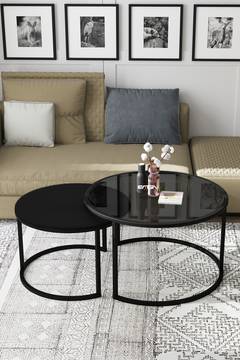 Set di 2 tavolini nido Borrina in legno, vetro temperato e metallo nero