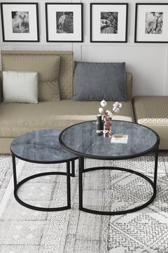 Set di 2 tavolini nido Borrina in legno effetto marmo grigio e metallo nero