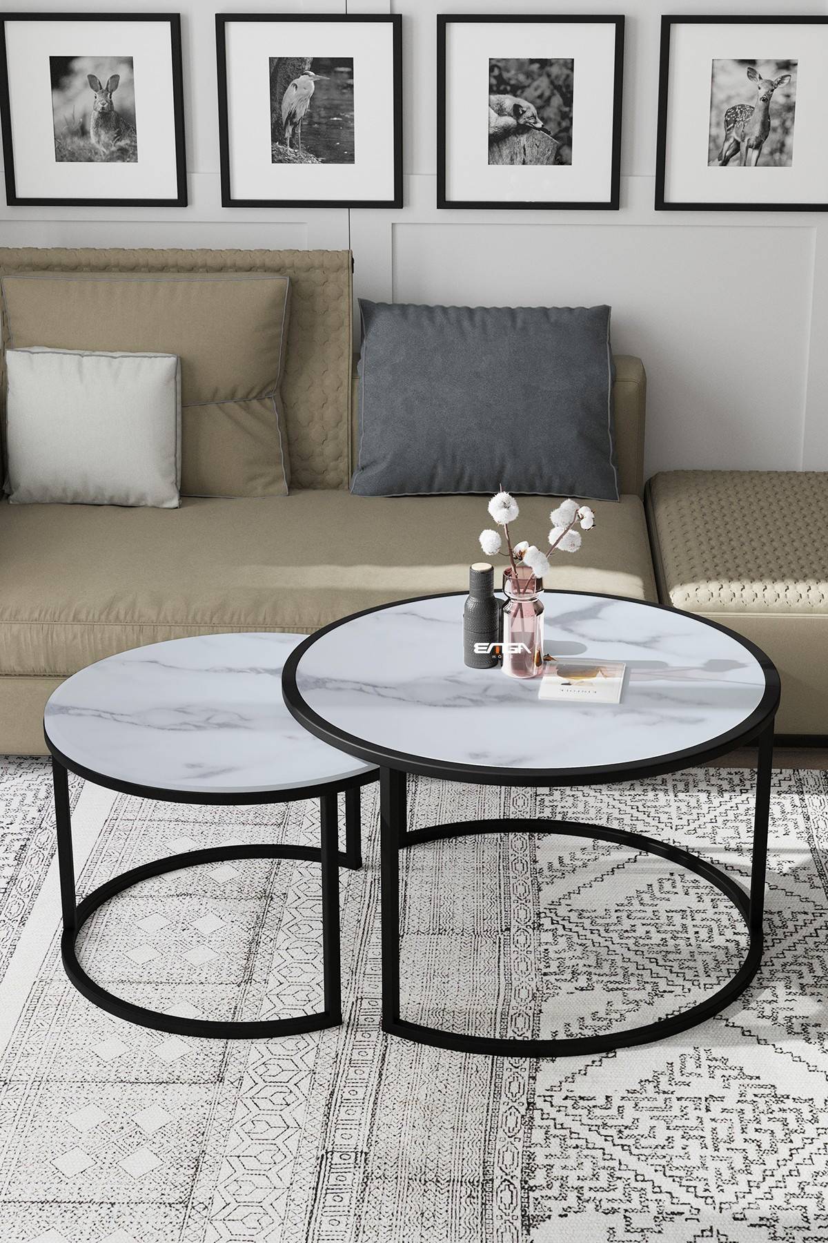 Set di 2 tavolini nido Borrina in legno effetto marmo bianco e metallo nero