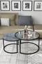 Set di 2 tavolini Borrina in vetro temperato trasparente, legno effetto marmo grigio e metallo nero