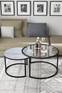 Set di 2 tavolini Borrina in vetro temperato trasparente, legno effetto marmo bianco e metallo nero