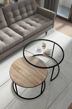 Set van 2 Houlia nesttafels in helder gehard glas, licht hout en zwart metaal
