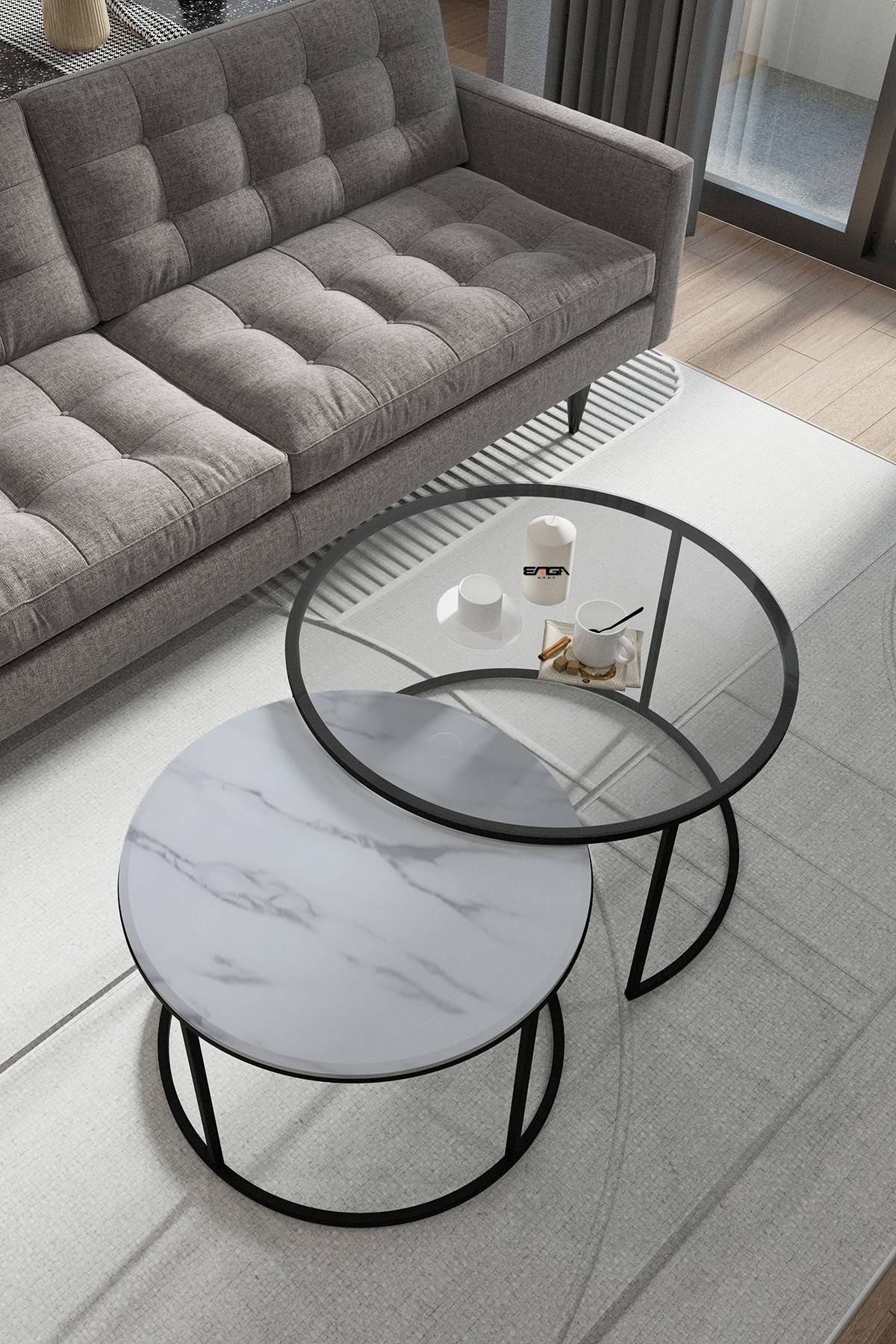 Lote de 2 mesas nido Houlia de cristal templado transparente, madera efecto mármol blanco y metal negro