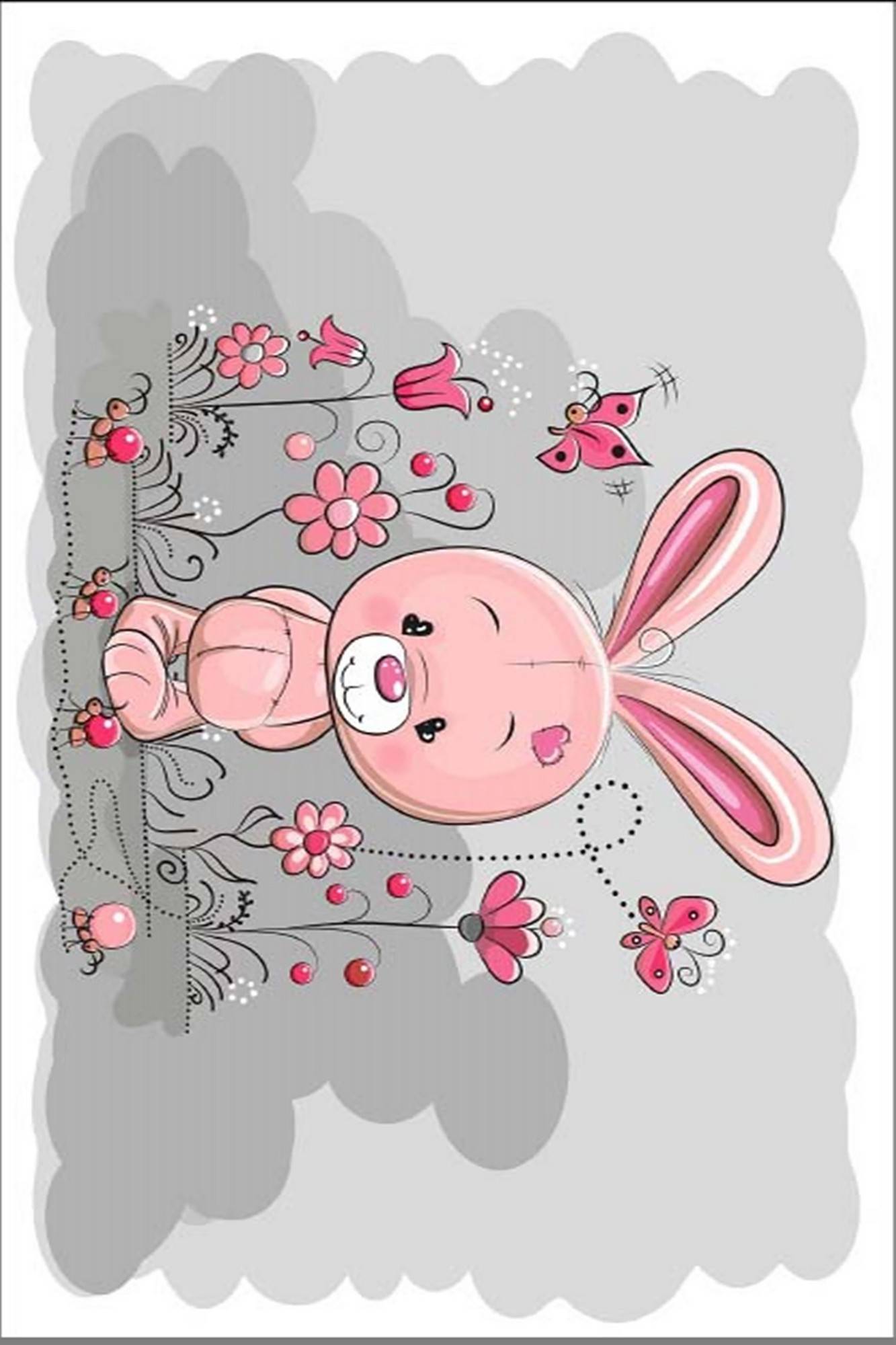 Tappeto Ping 80x120cm in velluto con motivo a coniglio rosa e grigio