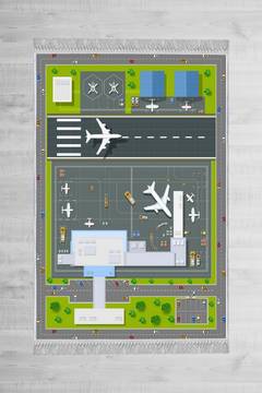 Tapijt Kiki 80x150cm Fluweel Motief Luchtfoto van een vliegveld Grijs en Groen