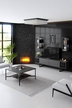 Set tv-standaards, 2 wandplanken en salontafel Radia in antraciet hout en zwart metaal