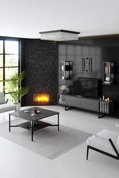 TV-meubel, 2 wandplanken en salontafel Aros in antraciet hout en zwart metaal