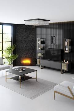 Mueble TV, 2 estanterías murales y mesa de centro Aros de madera antracita y metal dorado