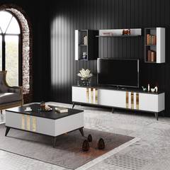 Set aus TV-Möbel, 3 Wandregalen und Couchtisch Saldy Holz Anthrazit und Weiß Finish Gold