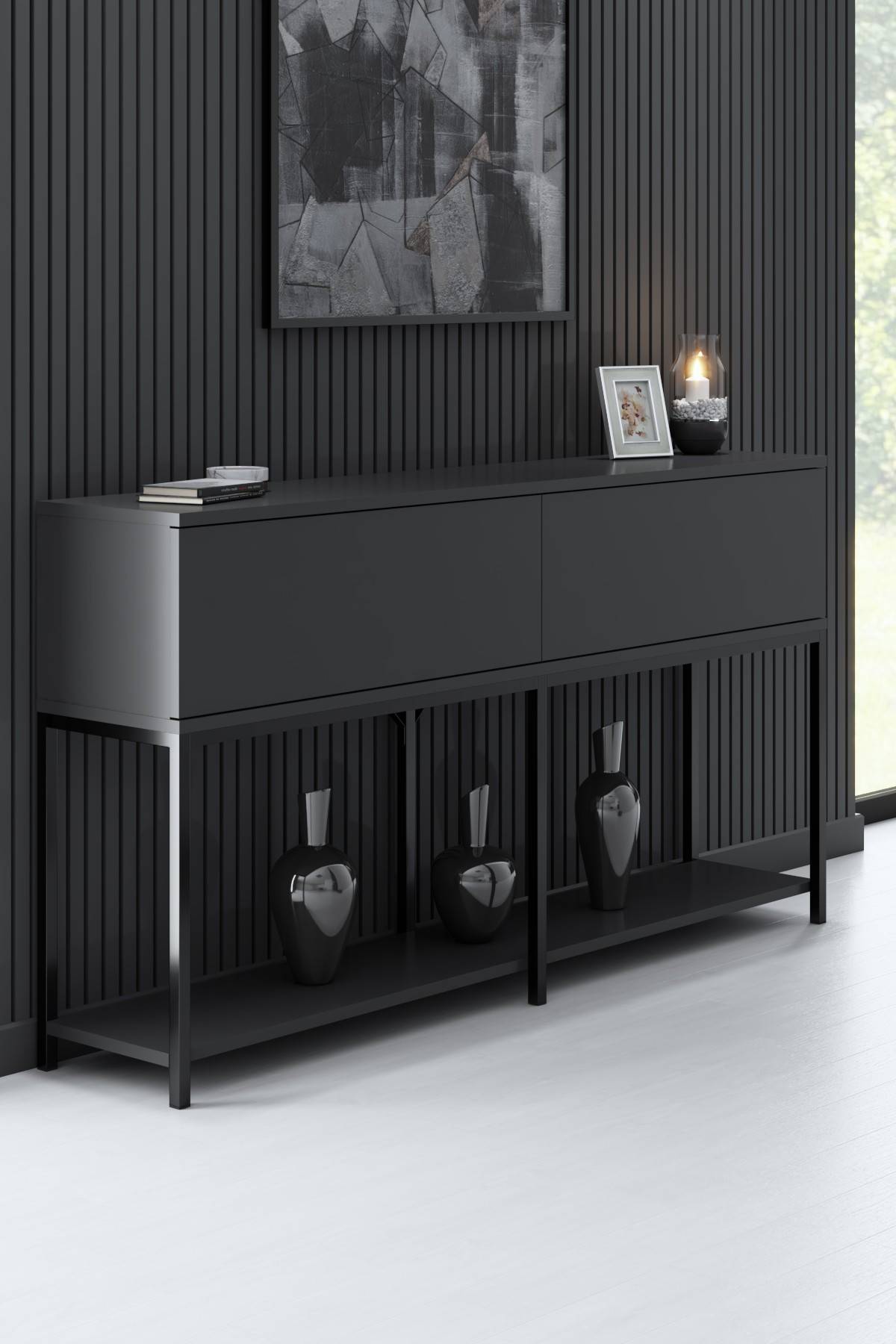Nelly hedendaagse stijl console B150cm Antraciet hout en zwart metaal