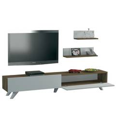 Mueble TV Lorenz y 2 estantes de pared en madera clara y blanco