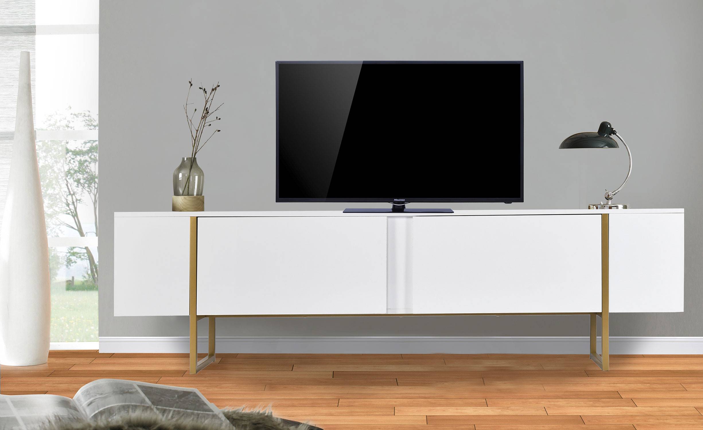 Porta TV moderno con 2 ante Valmain L180cm Metallo bianco e oro