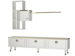 Ensemble meuble TV moderne et 2 étagère murale Malio Blanc et Or