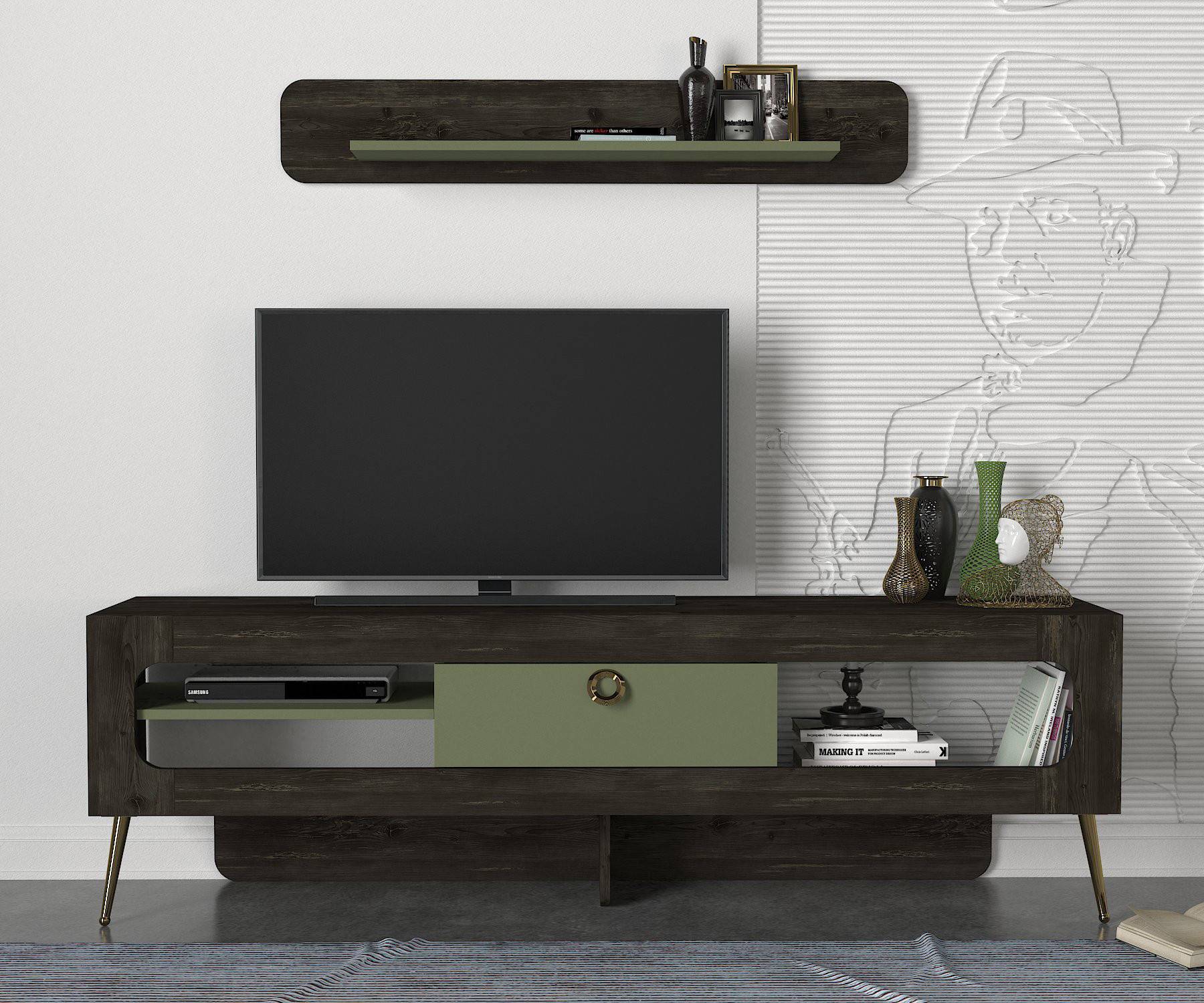 Donaldo donker hout en groen TV-meubel en wandplank