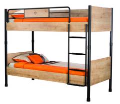 Etagenbett für Kinder Opilo, helles Holz und schwarzes Metall