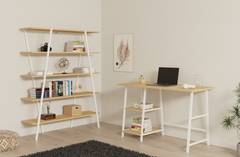 Laysa licht houten en wit metalen bureau en boekenkast set