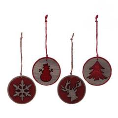 Set de 4 décorations de Noël Toluca D8,5cm Bois et Rouge
