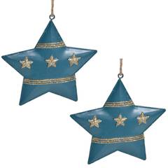 Set de 4 décorations de sapin de Noël Gourgas Métal forme étoile et sapin Bleu et Or