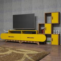 TV-Schrank und Wandregal aus Holz und gelben Ellipsen