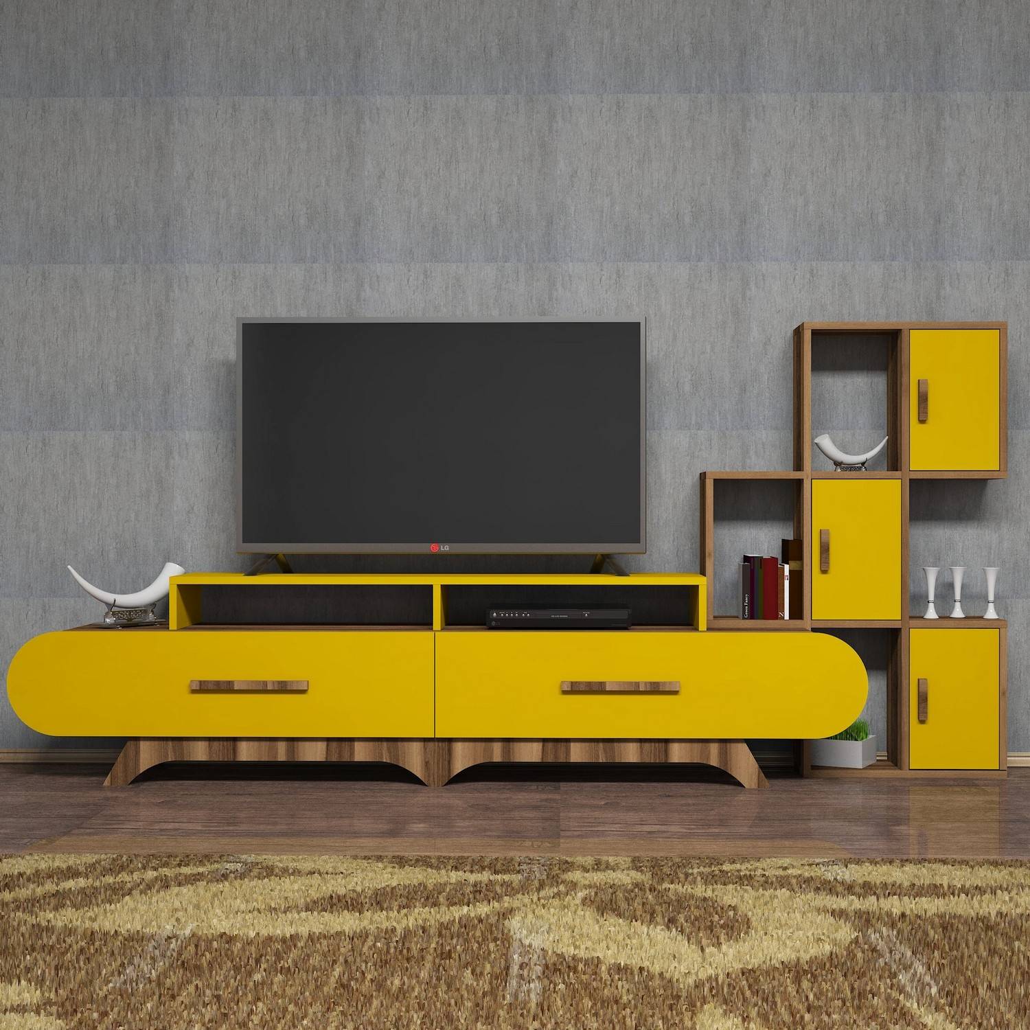 de soporte de TV y estante de pared madera y amarillo Ellipsis
