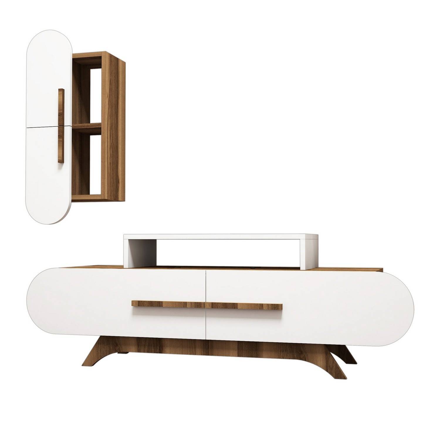 Ellipsis TV-meubel in hout en wit met wandplank