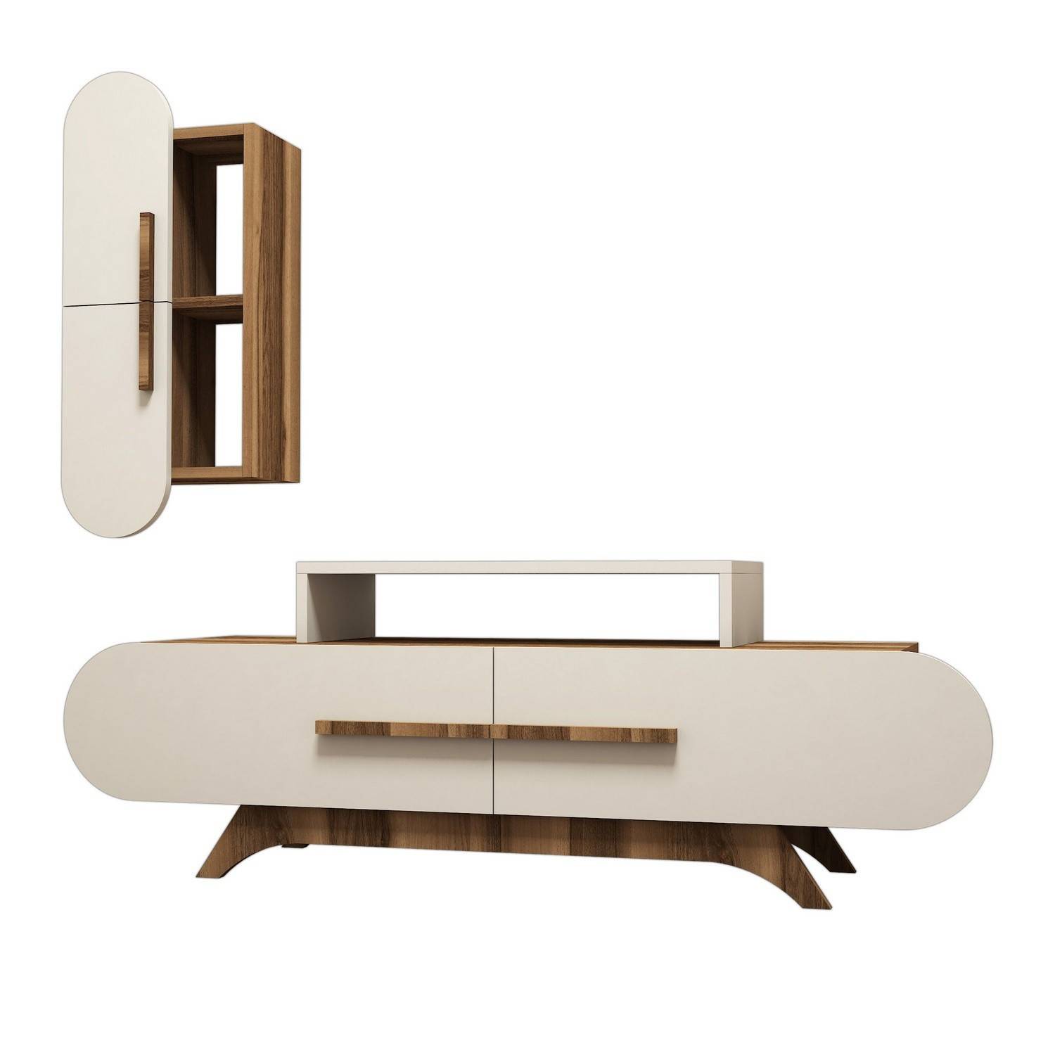 Mueble de TV Ellipsis de madera y blanco crema con estante de pared