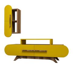 Mueble de TV Ellipsis de madera y amarillo con estante de pared
