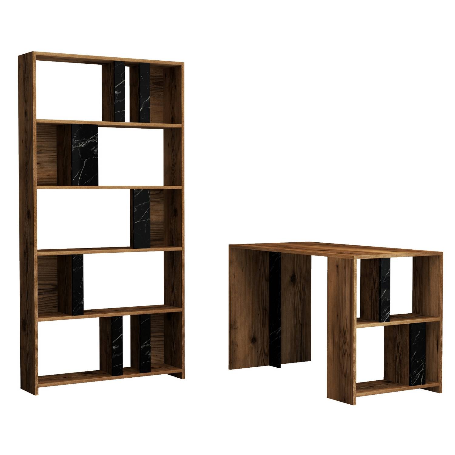Officium Natuurlijk hout en zwart marmer effect bureau en boekenkast set