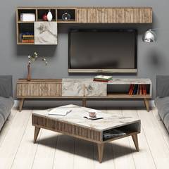 Conjunto de mueble de TV, mesa de centro y estantería de pared Diseño Ribera Madera oscura y efecto mármol blanco